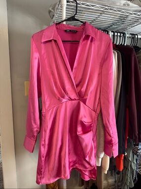Zara Bright Pink Satin Drape Front Mini Dress